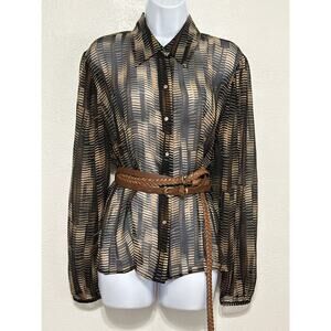 VTG Valerie Stevens Sheer Silk Geo Print Blouse XL Brown Black Fall Trend City